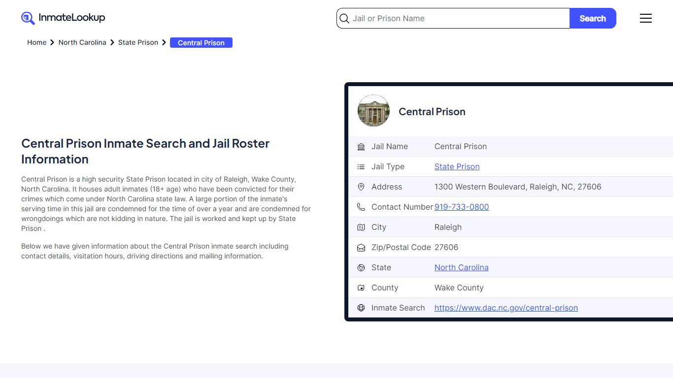 Central Prison Inmate Search and Jail Roster Information - Inmate Lookup
